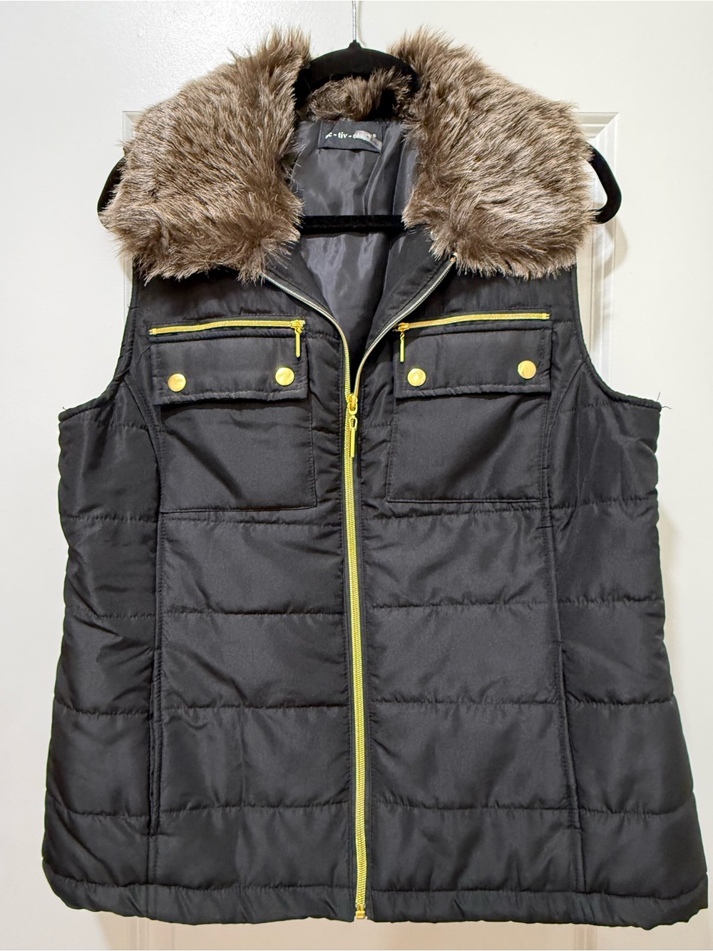 Black Quilted Vest with Brown Faux Fur Collar - Lightweight Layering Vest